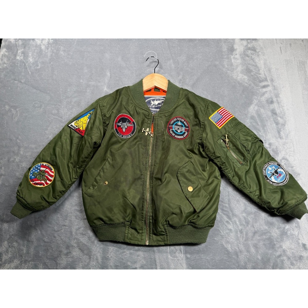 Up and Away Boys MA-1 Flight Bomber Jacket Green F-22 Top Gun Patch Size 7